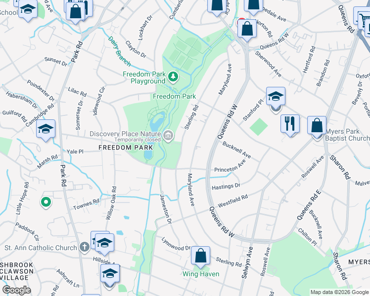map of restaurants, bars, coffee shops, grocery stores, and more near 1648 Sterling Road in Charlotte