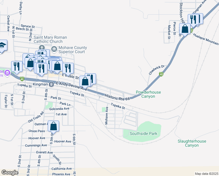 map of restaurants, bars, coffee shops, grocery stores, and more near 801 East Beale Street in Kingman