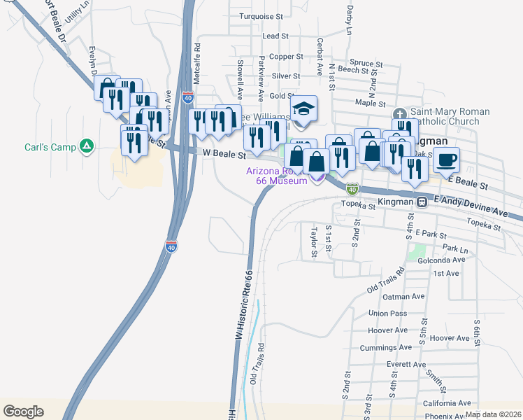 map of restaurants, bars, coffee shops, grocery stores, and more near 418 Historic Route 66 in Kingman