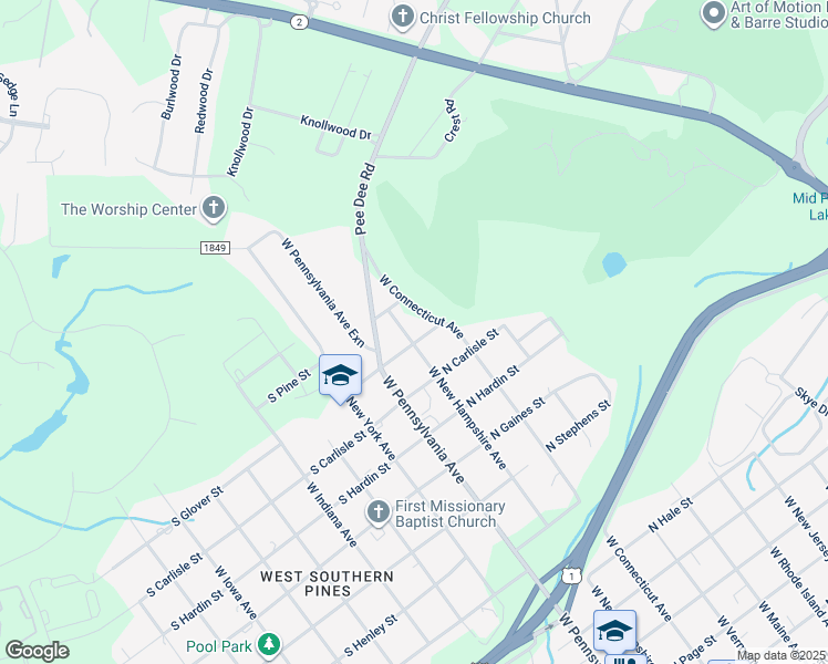 map of restaurants, bars, coffee shops, grocery stores, and more near 1305 West New Hampshire Avenue in Southern Pines
