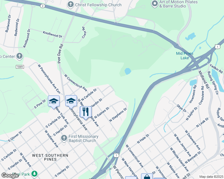 map of restaurants, bars, coffee shops, grocery stores, and more near 430 North Hardin Street in Southern Pines