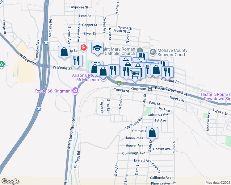 map of restaurants, bars, coffee shops, grocery stores, and more near 8 Topeka Street in Kingman