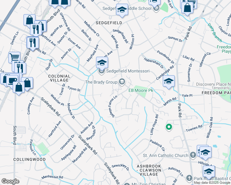 map of restaurants, bars, coffee shops, grocery stores, and more near 3308 Selwyn Farms Lane in Charlotte