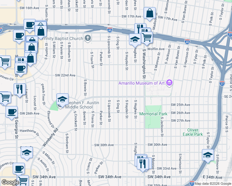 map of restaurants, bars, coffee shops, grocery stores, and more near 2218 South Ong Street in Amarillo