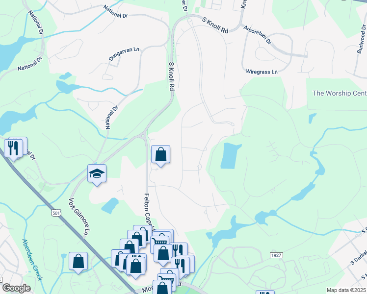 map of restaurants, bars, coffee shops, grocery stores, and more near 5 East Dogwood Lane in Southern Pines