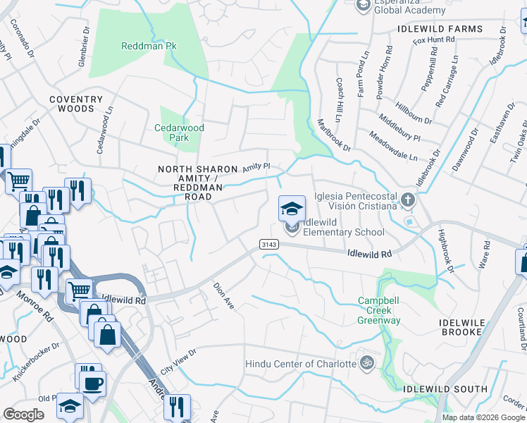 map of restaurants, bars, coffee shops, grocery stores, and more near 6728 Cedar Springs Road in Charlotte