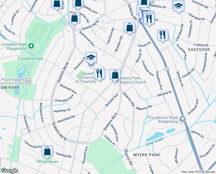 map of restaurants, bars, coffee shops, grocery stores, and more near 1900 Selwyn Avenue in Charlotte