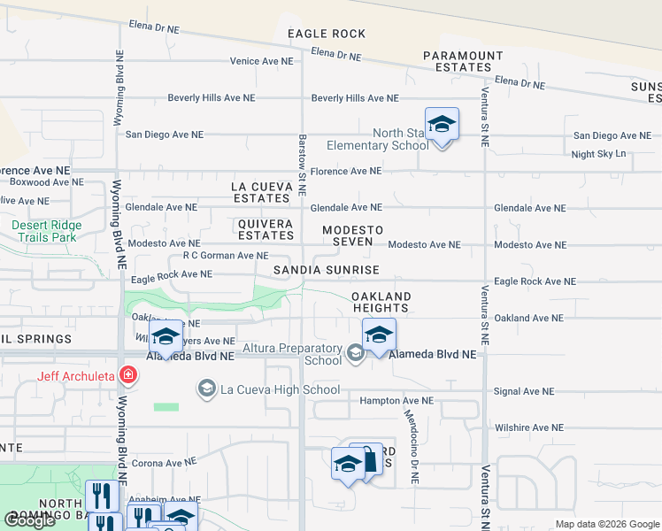 map of restaurants, bars, coffee shops, grocery stores, and more near 8423 Desert Sunrise Road Northeast in Albuquerque