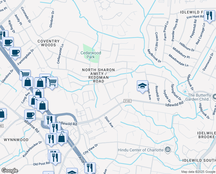 map of restaurants, bars, coffee shops, grocery stores, and more near 6629 Cedar Springs Road in Charlotte
