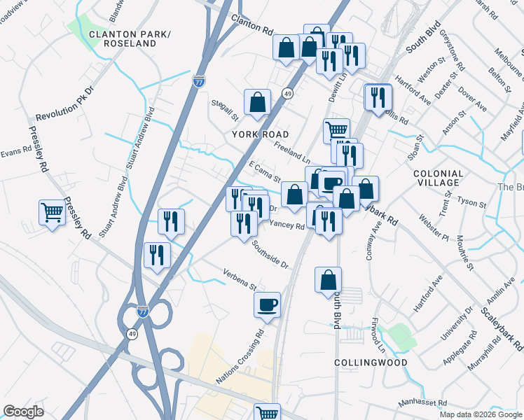 map of restaurants, bars, coffee shops, grocery stores, and more near 306 Peterson Drive in Charlotte