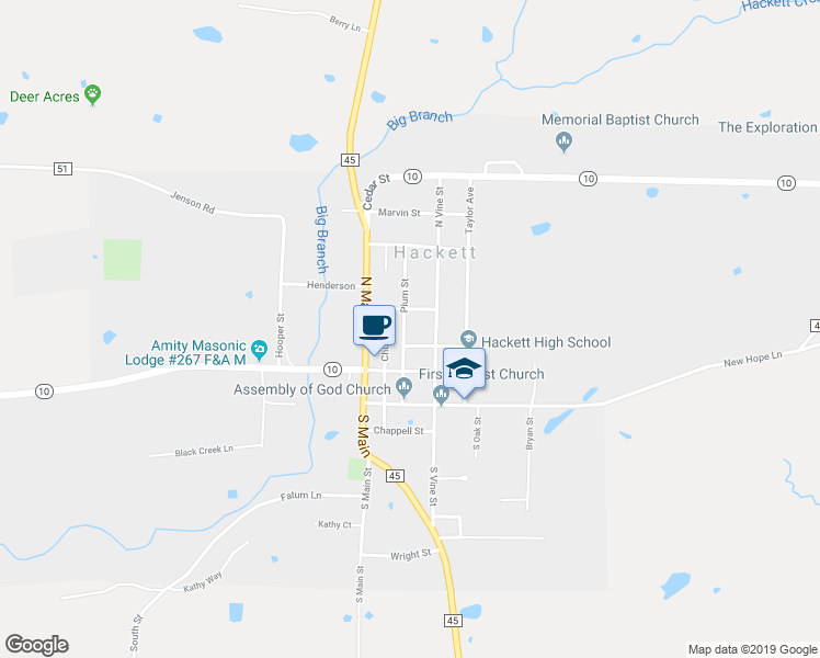 map of restaurants, bars, coffee shops, grocery stores, and more near 204 Plum Street in Hackett