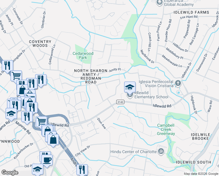 map of restaurants, bars, coffee shops, grocery stores, and more near 3104 Glenelm Court in Charlotte