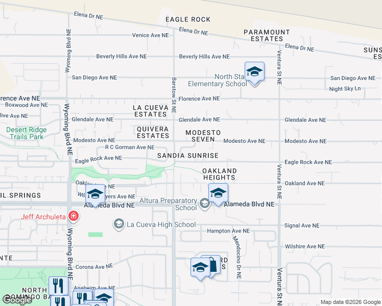 map of restaurants, bars, coffee shops, grocery stores, and more near 8423 Desert Sunrise Road Northeast in Albuquerque