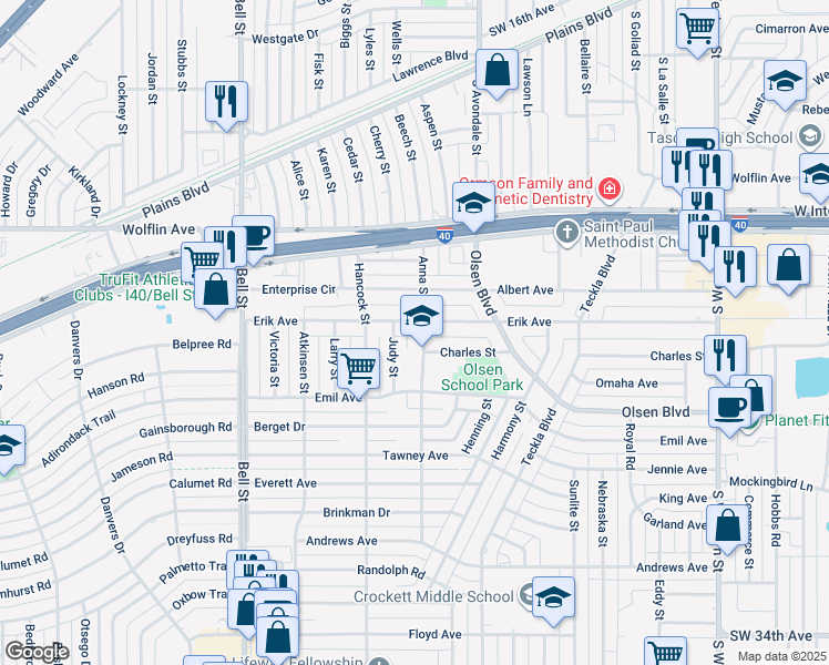 map of restaurants, bars, coffee shops, grocery stores, and more near 2302 Anna Street in Amarillo