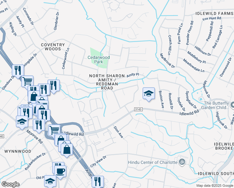 map of restaurants, bars, coffee shops, grocery stores, and more near 6629 Cedar Springs Road in Charlotte