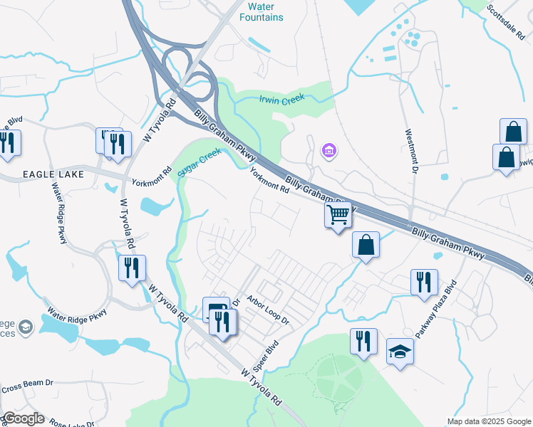 map of restaurants, bars, coffee shops, grocery stores, and more near 100 Hive Drive in Charlotte