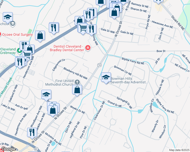 map of restaurants, bars, coffee shops, grocery stores, and more near 3600 North Ocoee Street in Cleveland