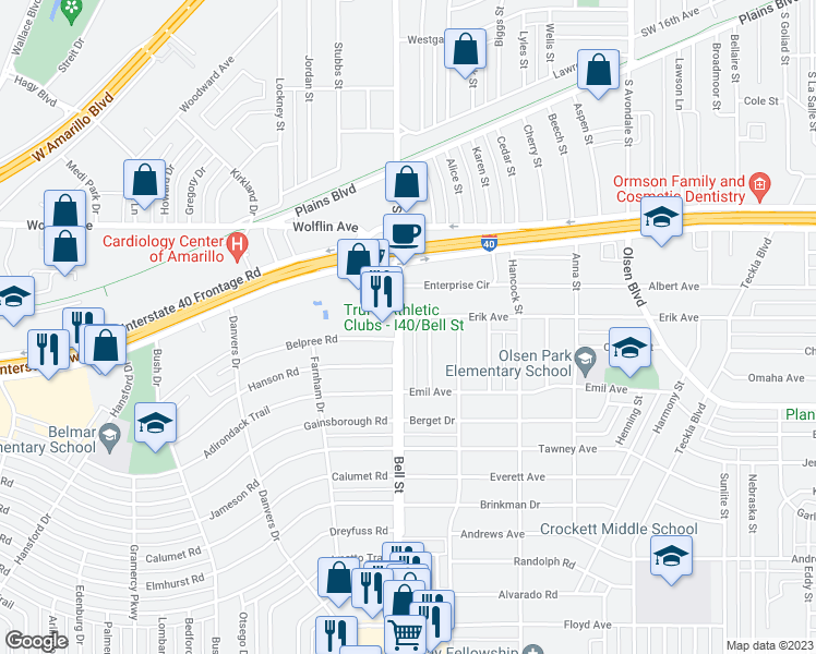 map of restaurants, bars, coffee shops, grocery stores, and more near 2303 Bell Street in Amarillo