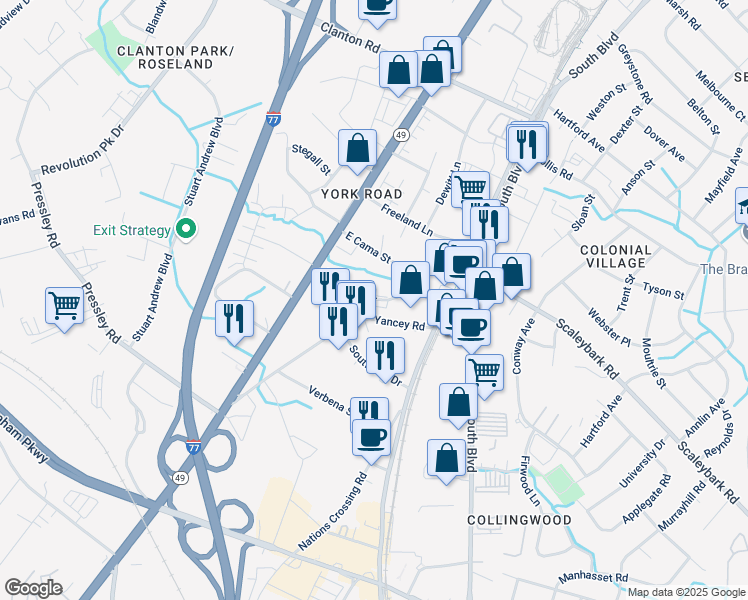 map of restaurants, bars, coffee shops, grocery stores, and more near 306 Peterson Drive in Charlotte