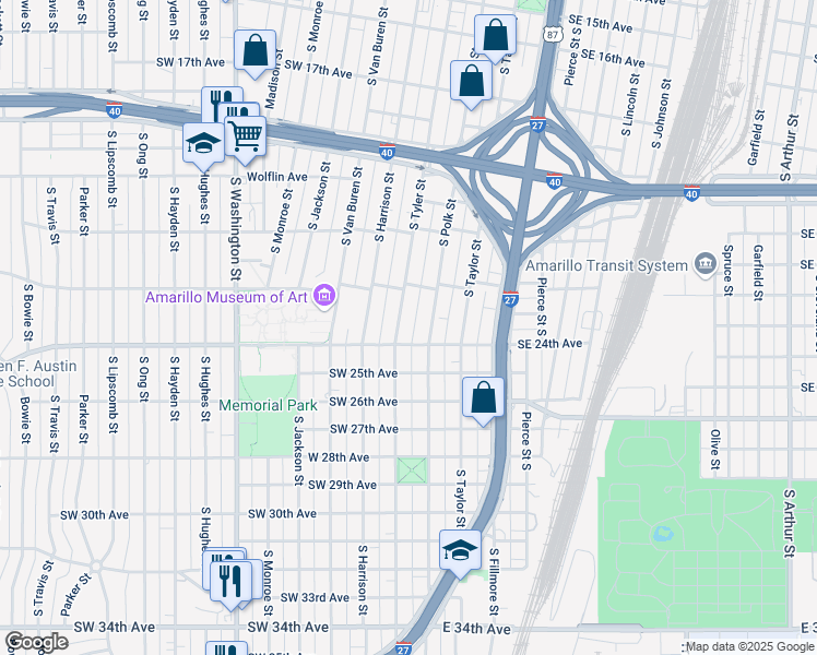 map of restaurants, bars, coffee shops, grocery stores, and more near 2212 South Tyler Street in Amarillo