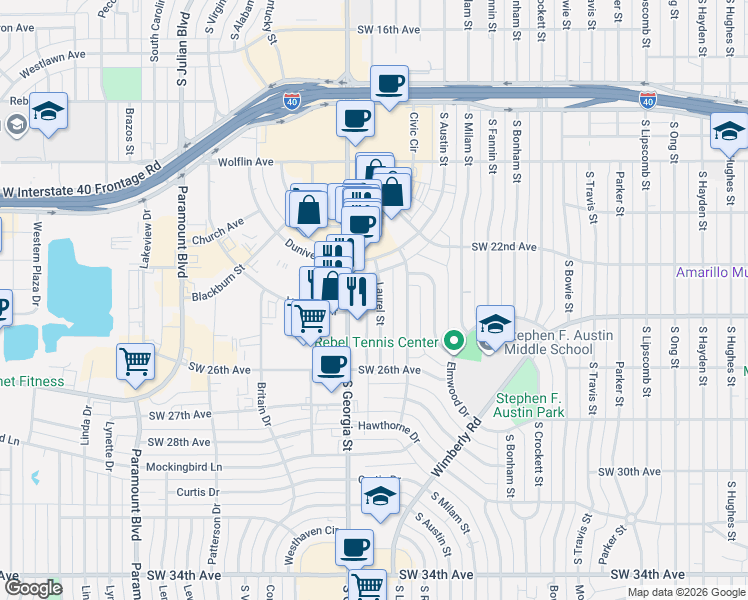 map of restaurants, bars, coffee shops, grocery stores, and more near 2208 Laurel Street in Amarillo