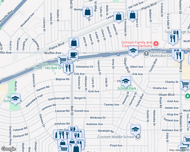 map of restaurants, bars, coffee shops, grocery stores, and more near 5500 Erik Ave in Amarillo