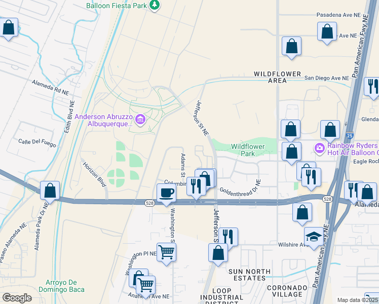 map of restaurants, bars, coffee shops, grocery stores, and more near 9099 Washington St NE in Albuquerque