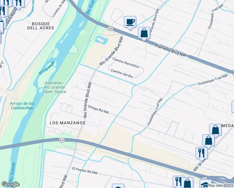 map of restaurants, bars, coffee shops, grocery stores, and more near 9426 Rio Grande Boulevard in Albuquerque