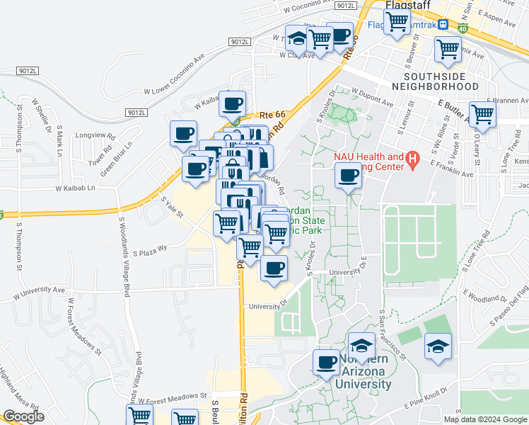 map of restaurants, bars, coffee shops, grocery stores, and more near 1200 South Riordan Ranch Street in Flagstaff