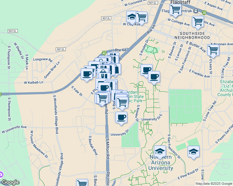 map of restaurants, bars, coffee shops, grocery stores, and more near 1200 South Riordan Ranch Street in Flagstaff