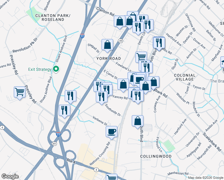 map of restaurants, bars, coffee shops, grocery stores, and more near 306 Peterson Drive in Charlotte