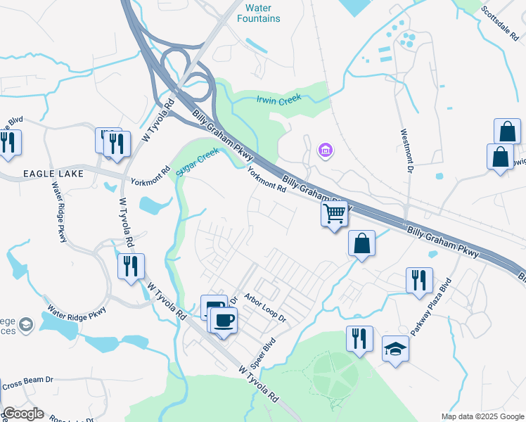 map of restaurants, bars, coffee shops, grocery stores, and more near 100 Hive Drive in Charlotte