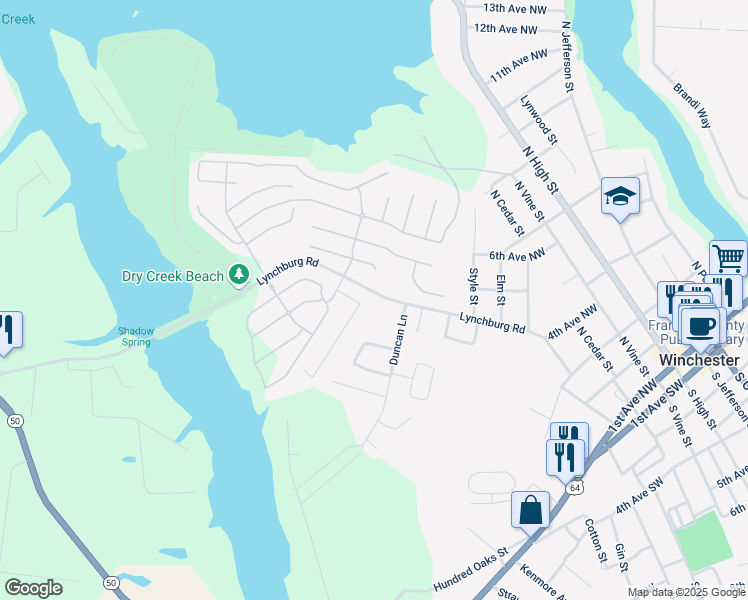 map of restaurants, bars, coffee shops, grocery stores, and more near 974 Lynchburg Road in Winchester