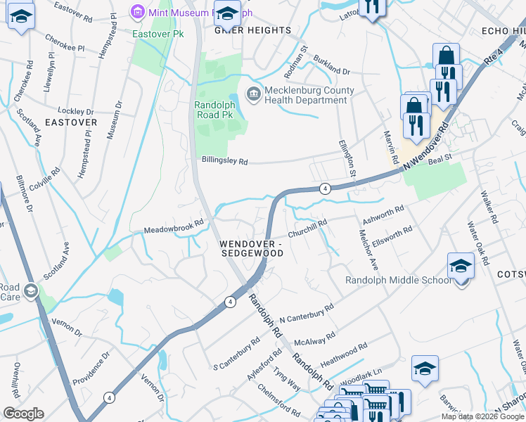 map of restaurants, bars, coffee shops, grocery stores, and more near 720 English Tudor Lane in Charlotte
