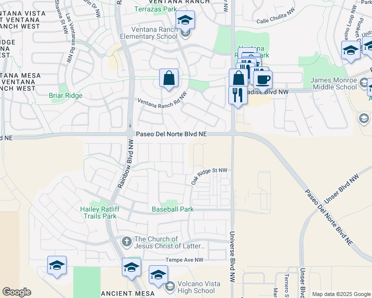 map of restaurants, bars, coffee shops, grocery stores, and more near 9324 Silver Mesa Street in Albuquerque