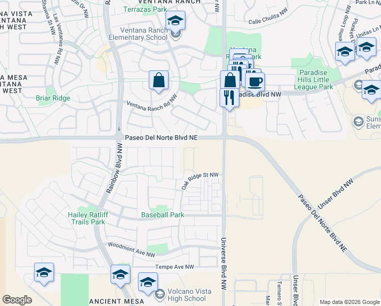 map of restaurants, bars, coffee shops, grocery stores, and more near 9324 Silver Mesa Street in Albuquerque