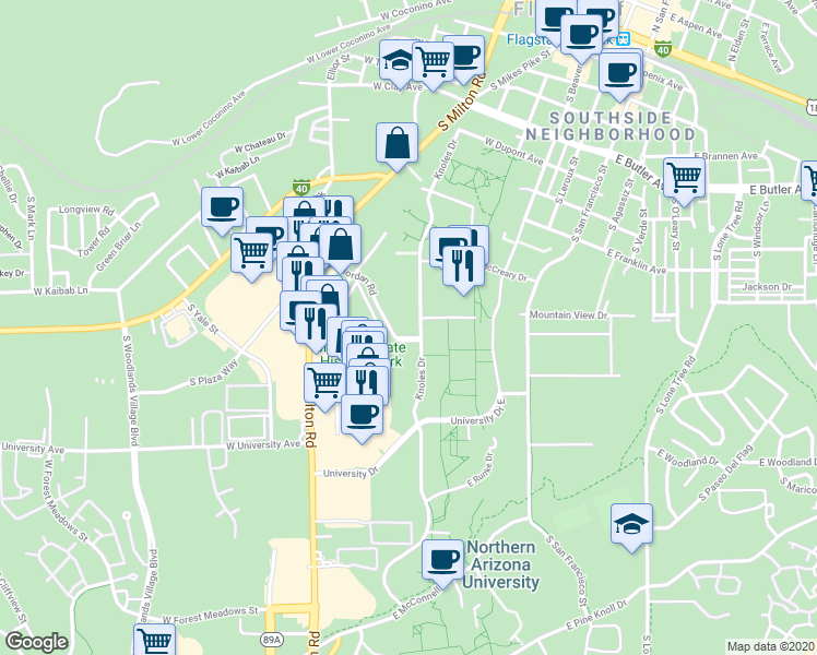map of restaurants, bars, coffee shops, grocery stores, and more near 1115 Knoles Drive in Flagstaff