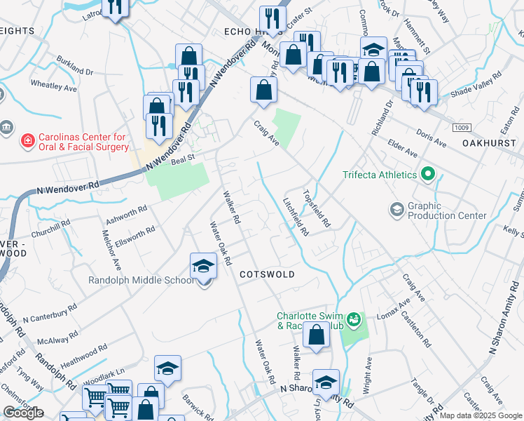 map of restaurants, bars, coffee shops, grocery stores, and more near 1042 Churchill Downs Court in Charlotte