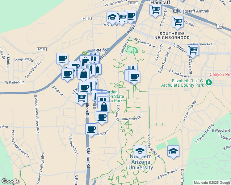 map of restaurants, bars, coffee shops, grocery stores, and more near 1105 Knoles Drive in Flagstaff