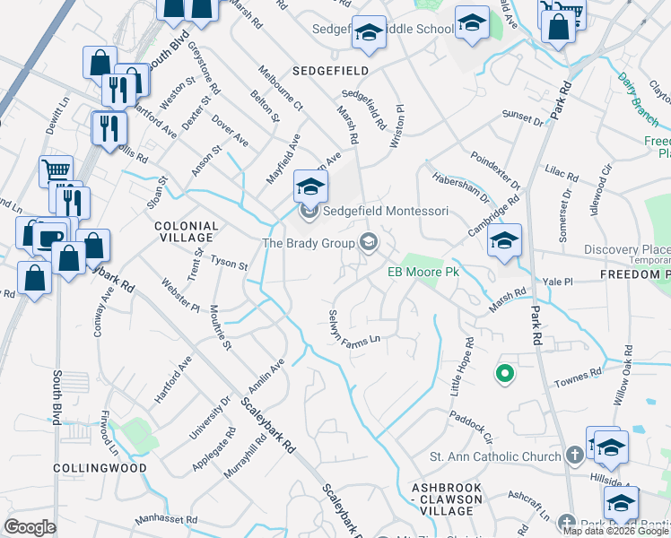 map of restaurants, bars, coffee shops, grocery stores, and more near 3300 Selwyn Farms Lane in Charlotte