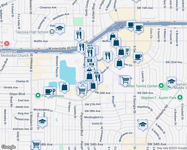 map of restaurants, bars, coffee shops, grocery stores, and more near 3099 Blackburn Street in Amarillo