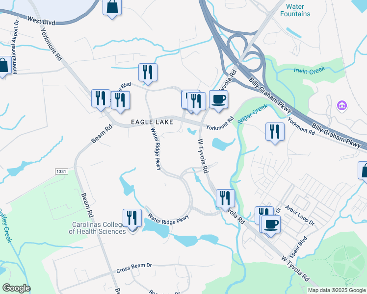 map of restaurants, bars, coffee shops, grocery stores, and more near 2801 West Tyvola Road in Charlotte
