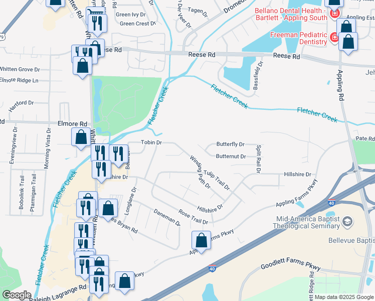 map of restaurants, bars, coffee shops, grocery stores, and more near 2286 Winding Path Drive in Memphis