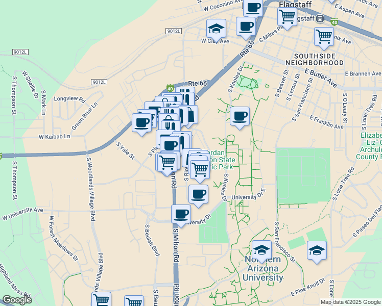 map of restaurants, bars, coffee shops, grocery stores, and more near 1200 South Riordan Ranch Street in Flagstaff