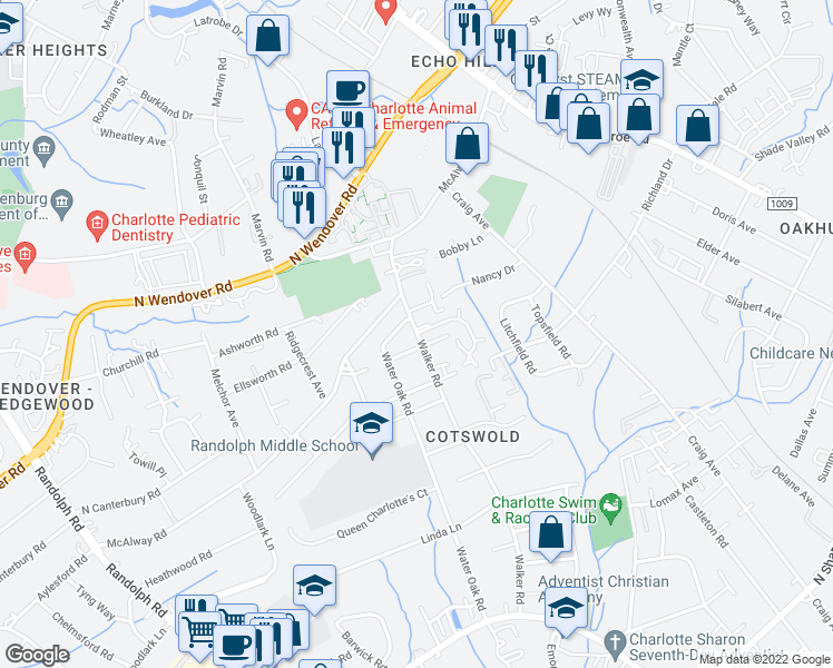 map of restaurants, bars, coffee shops, grocery stores, and more near Walker Rd & Churchill Downs Ct in Charlotte