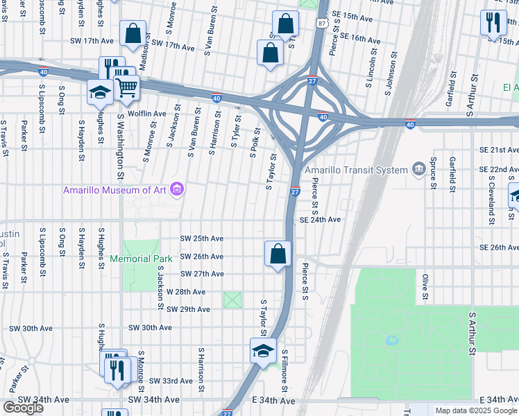 map of restaurants, bars, coffee shops, grocery stores, and more near 2213 South Taylor Street in Amarillo