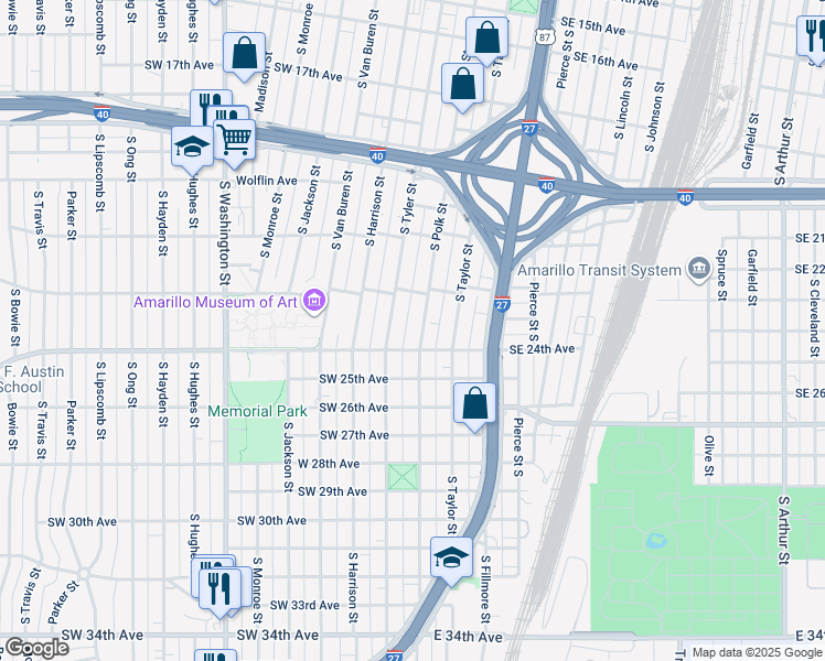 map of restaurants, bars, coffee shops, grocery stores, and more near 2210 South Polk Street in Amarillo