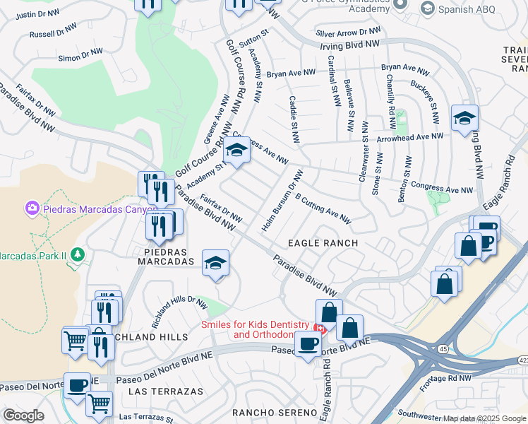 map of restaurants, bars, coffee shops, grocery stores, and more near 9808 Davenport Street Northwest in Albuquerque