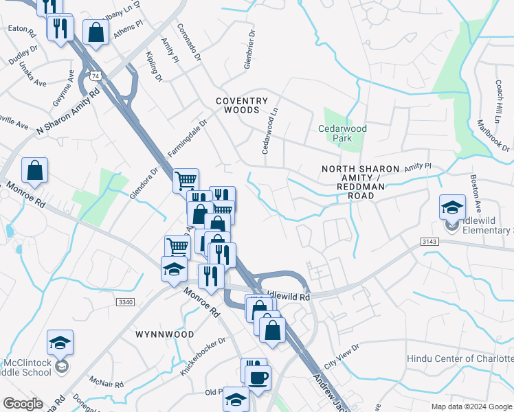 map of restaurants, bars, coffee shops, grocery stores, and more near 1630 Joseph Hewes Court in Charlotte