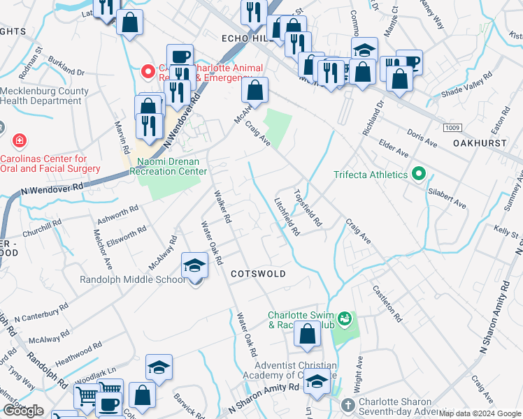 map of restaurants, bars, coffee shops, grocery stores, and more near 3704 Litchfield Road in Charlotte